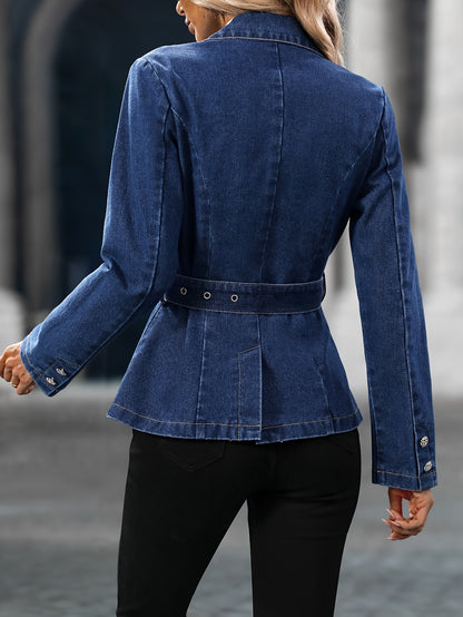 Adjustable Blet Lapel Plain Dark Washed Blue Elegant Style Denim Jacket Coat, Women's Denim Jeans & Clothing MyFave Boutique