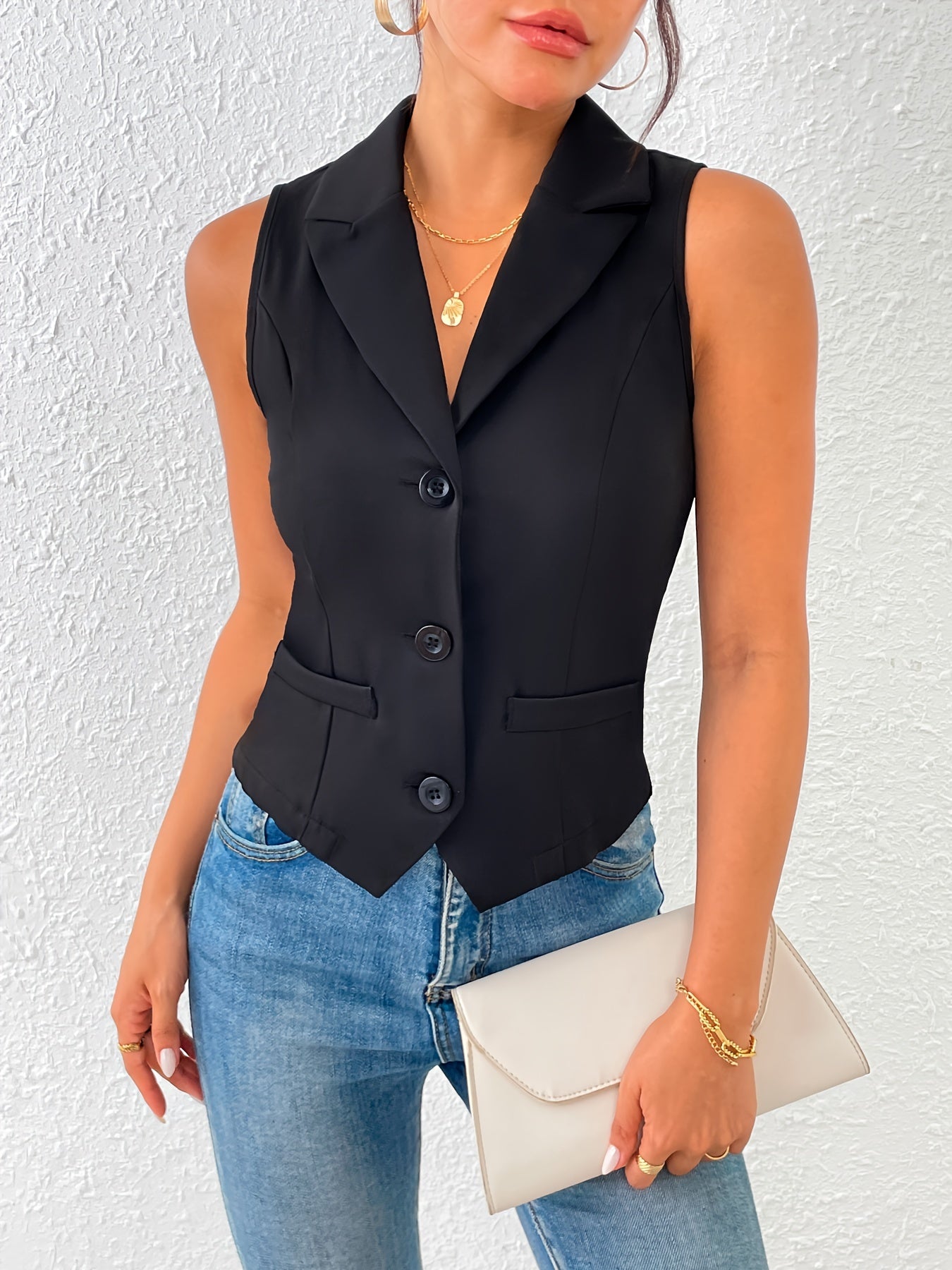 Solid Color Single Breasted Vest, Elegant Slim Sleeveless Lapel Outwear For Spring & Fall, Women's Clothing MyFave Boutique