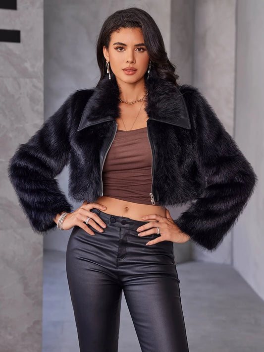 Zip-up Faux Fur Crop Coat, Elegant Long Sleeve Collared Fluffy Coat For Fall & Winter, Women's Clothing MyFave Boutique