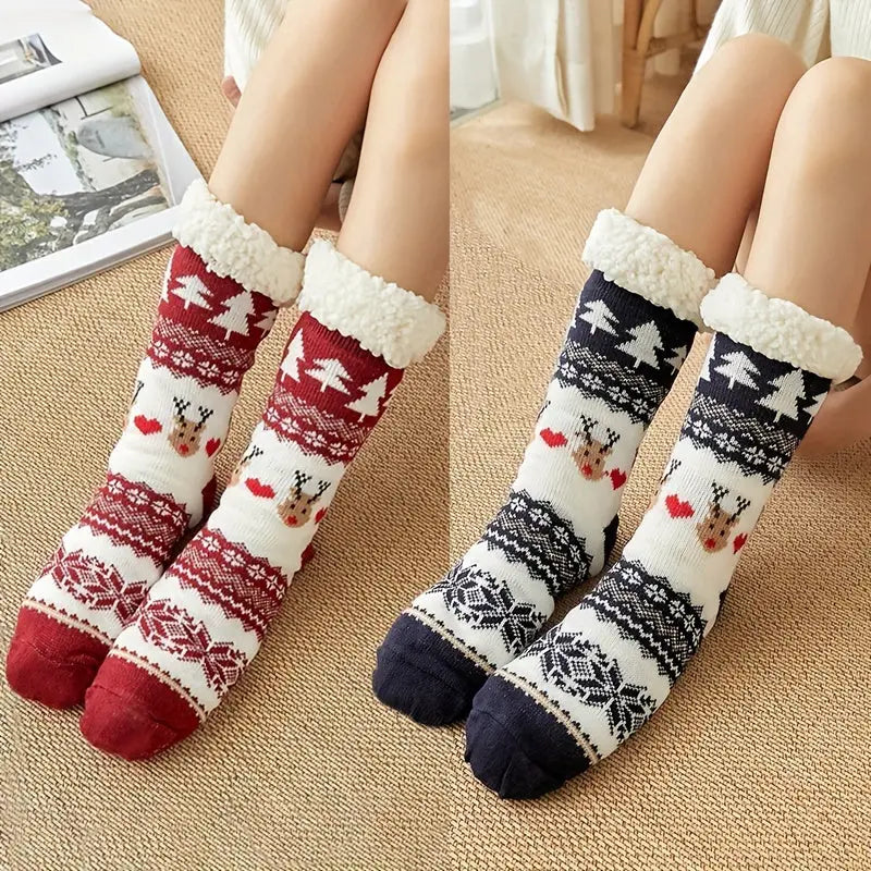 1 Pair Christmas Deer Pattern Plush Mid Tube Socks For Fall & Winter, Cozy Warm Comfy & Breathable Floor Socks, Women's Stockings & Hosiery MyFave Boutique