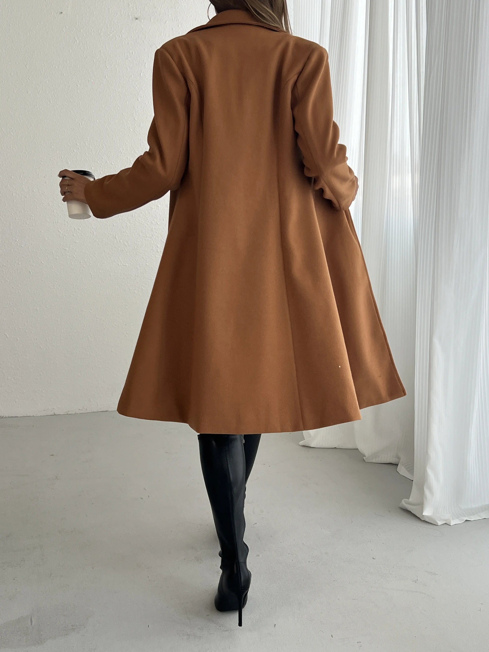 Double-breasted Lapel A-line Coat, Elegant Solid Long Sleeve Longline Coat For Fall & Winter, Women's Clothing MyFave Boutique