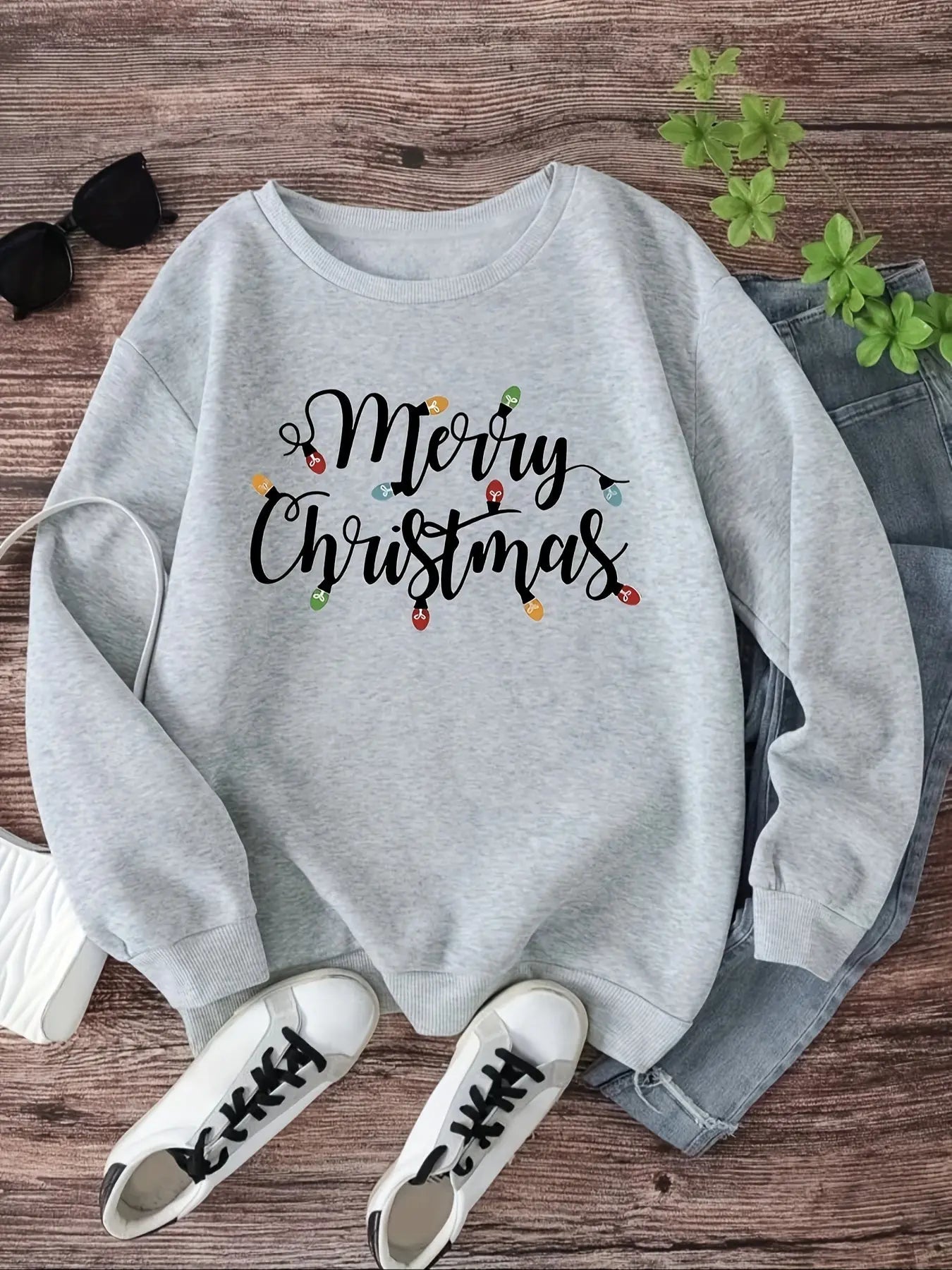 Merry Christmas Print Pullover Sweatshirt, Casual Long Sleeve Crew Neck Sweatshirt For Fall & Winter, Women's Clothing MyFave Boutique