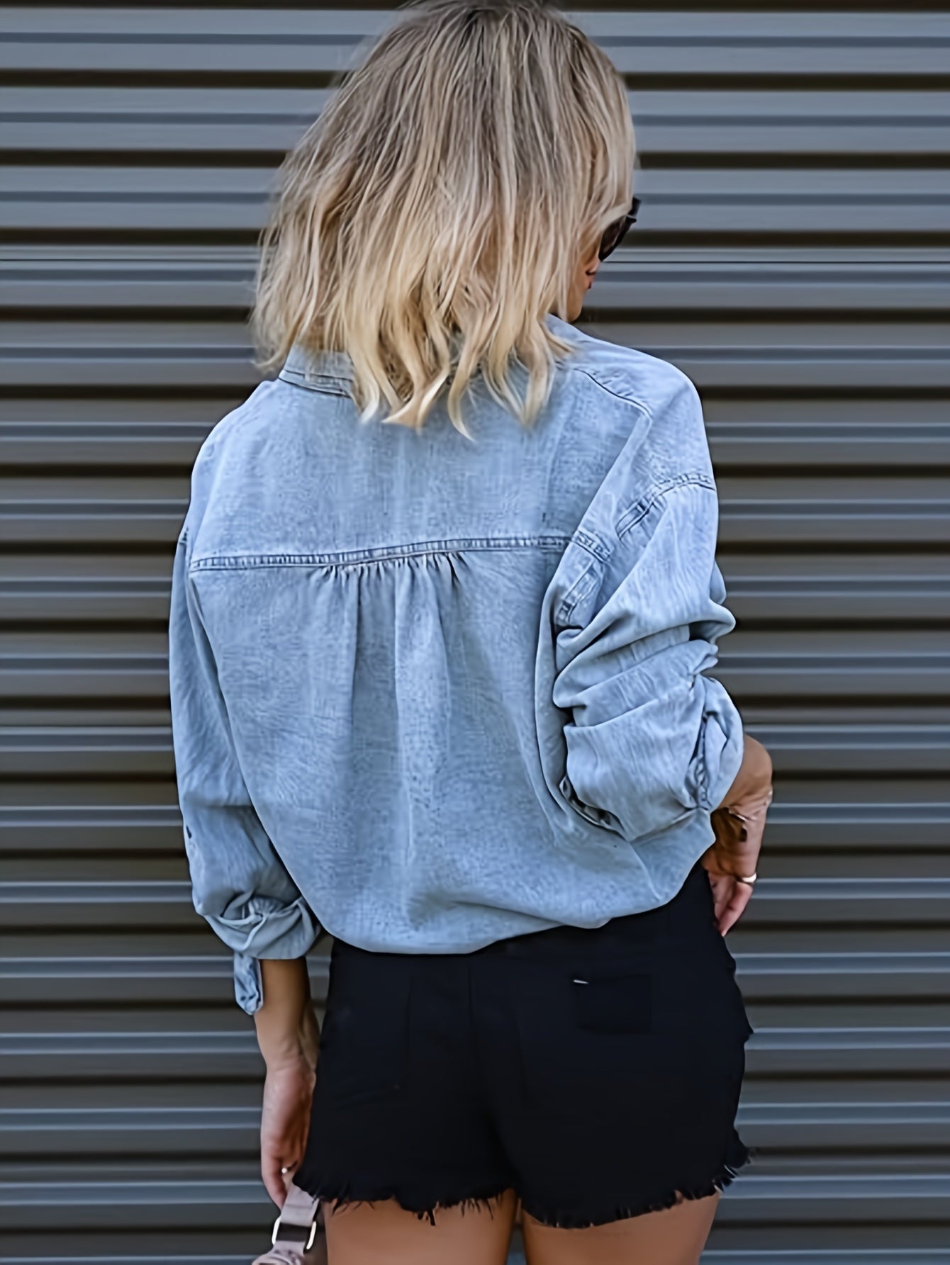 Women's Cropped Denim Shirt Roll Up 3/4 Sleeve Casual Loose Crop Tops Drawstring Hem Button Front Jean Jacket MyFave Boutique