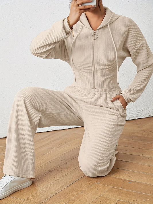 Elegant Women's Hooded Polyester Knit Pantsuit with Long Sleeve Zipper Jacket and Wide-Leg Pants – Solid Color, Stretch Fabric Blend (95% Polyester, 5% Elastane), Suitable for Spring and Fall MyFave Boutique