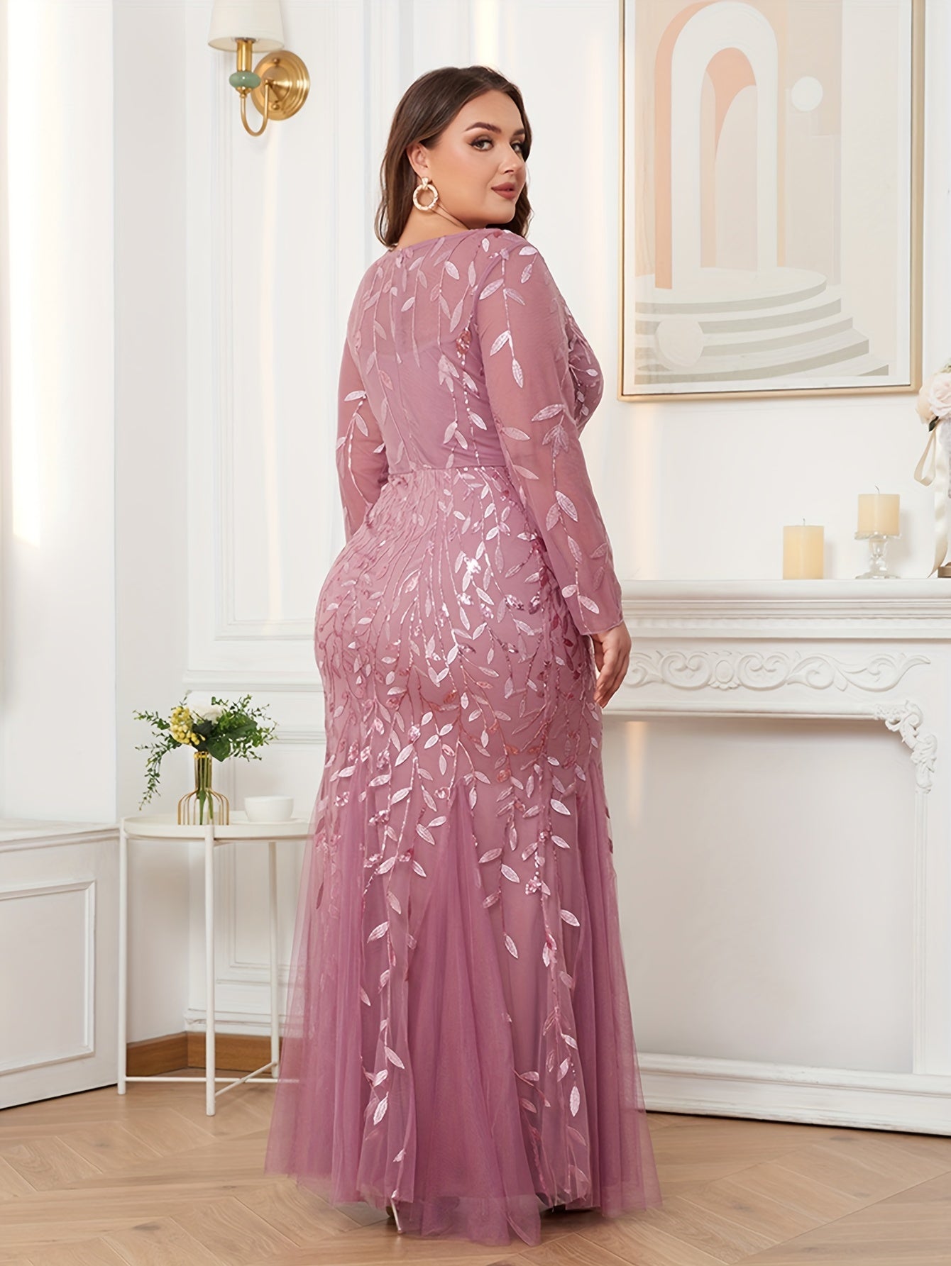 Elegant Women's Embroidered Beads Bodycon Evening Gown with Long Sleeves, Crew Neckline, and Slim Fish Tail Design for Bridesmaid, Cocktail Party, and Special Occasions MyFave Boutique