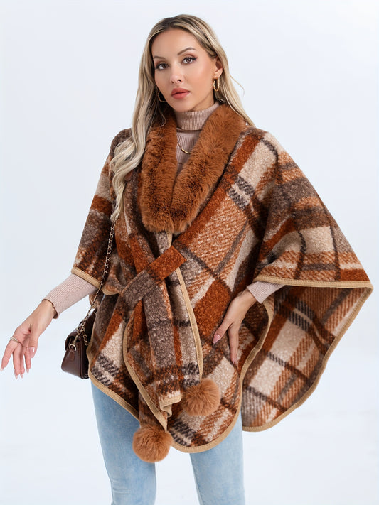 Plaid Pattern Batwing Sleeve Gathered Cape, Elegant Open Front Fuzzy Trim Pom Hem Cardigan For Fall & Winter, Women's Clothing MyFave Boutique