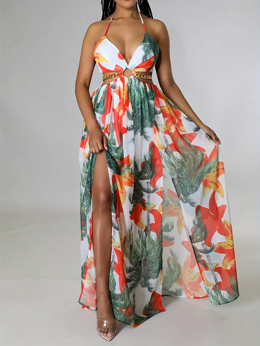 Women's Printed Backless Side Slit Halter Dress MyFave Boutique