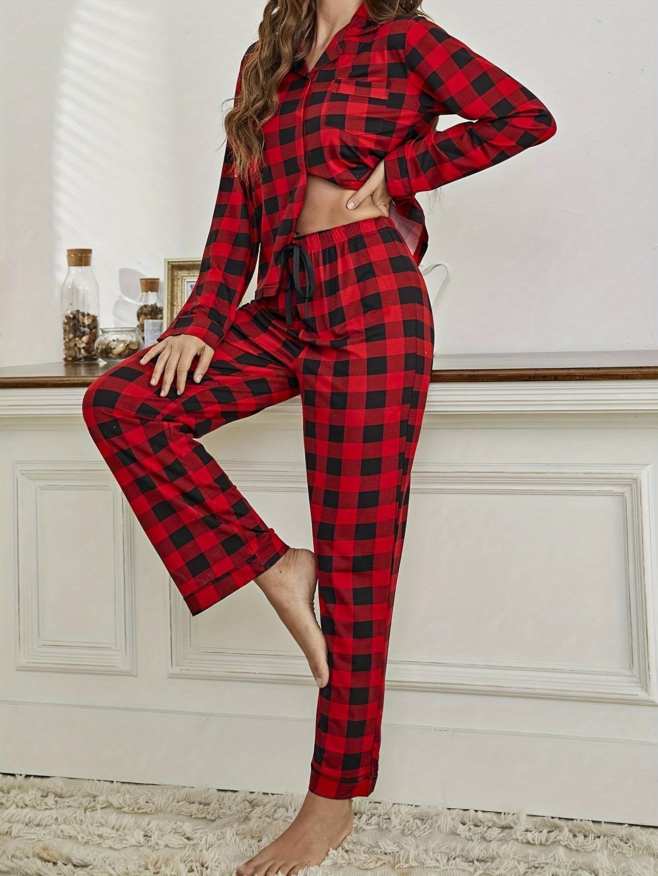 Cozy Red Plaid Women's Pajama Set - Long Sleeve Button-Up Top & Elastic Waist Pants, Casual Loungewear For Fall/Winter MyFave Boutique