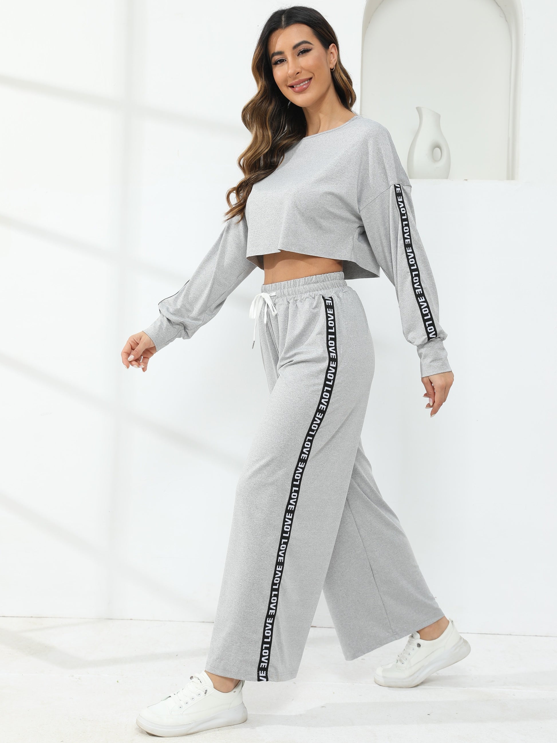 2pcs Casual Sports Set, Letter Tape Pattern Round Neck Sweatshirt & Loose High Waist Sweatpants Suit, Women's Activewear MyFave Boutique