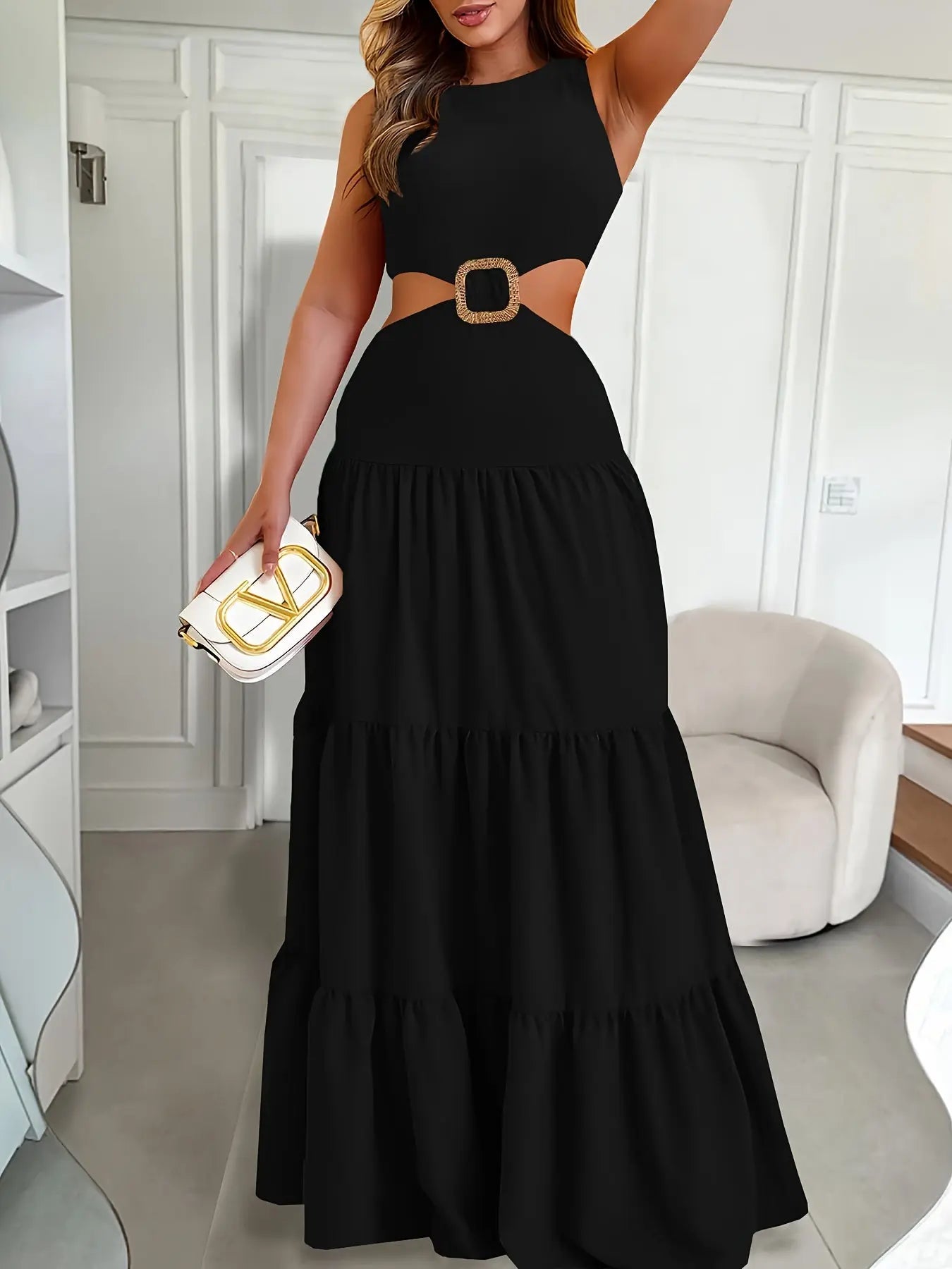 Elegant Maxi Dress - Sleeveless Gathered Tiered Cut Out Crew Neck Tank Long Dress for Women's Spring & Summer Clothing MyFave Boutique