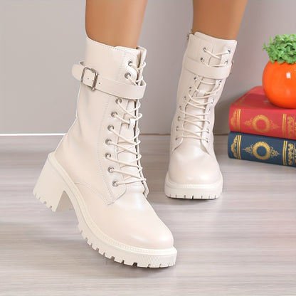 Women's Chunky Heeled Mid Calf Boots, Solid Color Lace Up & Side Zipper Combat Boots, All-Match Platform Boots MyFave Boutique