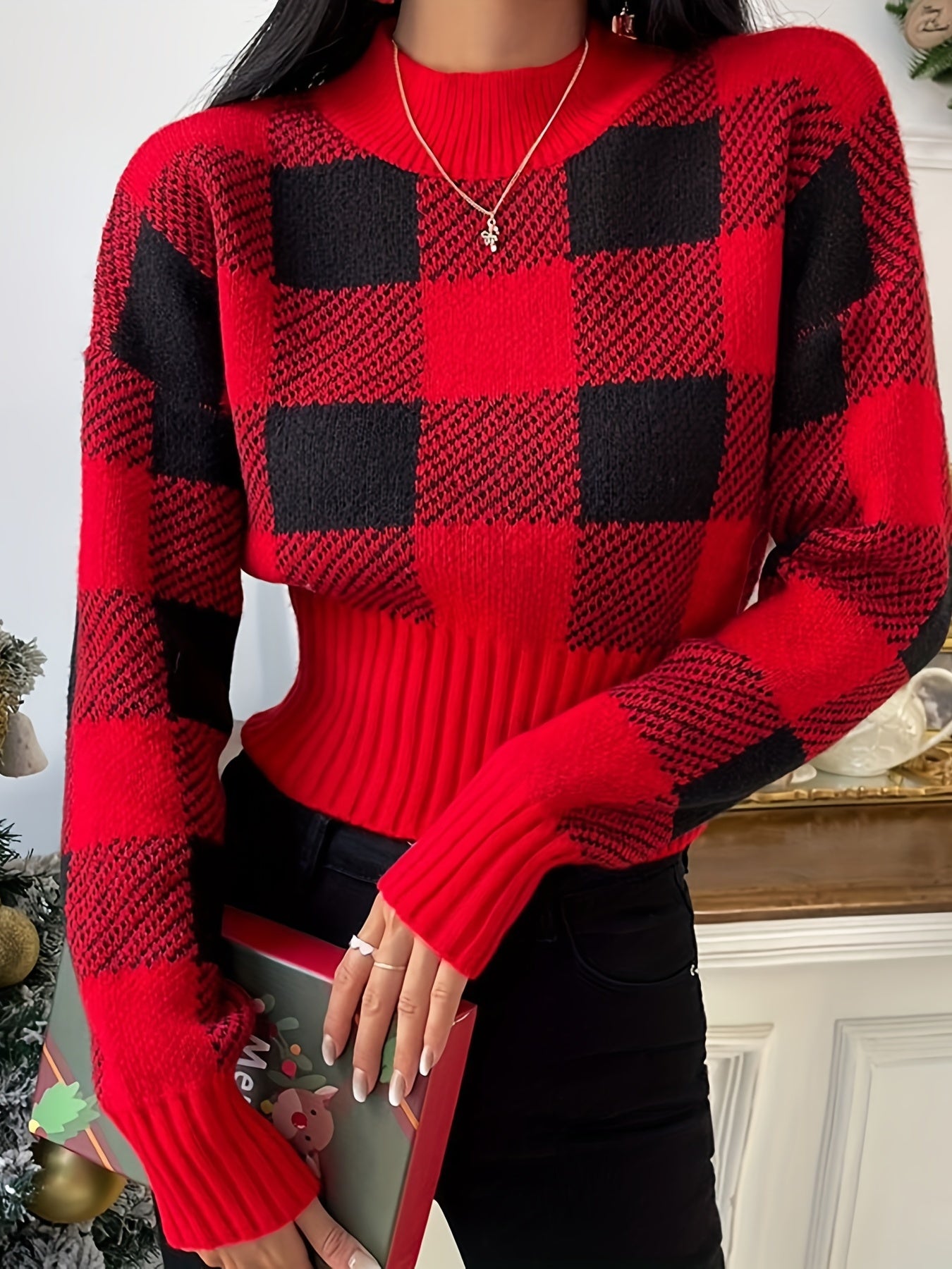 Plaid Crew Neck Pullover Sweater, Casual Long Sleeve Fall Winter Sweater, Women's Clothing MyFave Boutique