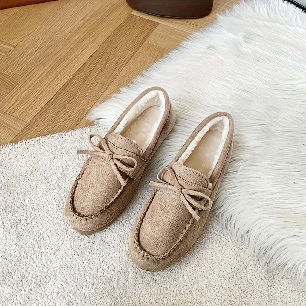 Women's Bowknot Decor Flat Loafers, Casual Slip On Plush Lined Winter Shoes, Women's Comfortable Shoes MyFave Boutique