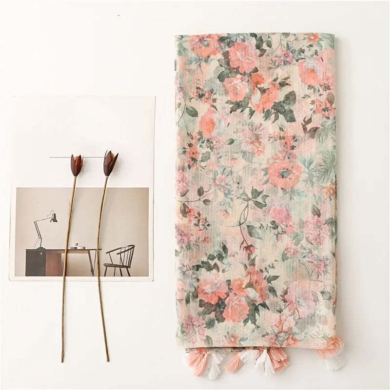 Beautiful Floral Print Scarves Women's Fashion Autumn/Winter Linen Pink Printed Fringe Scarf MyFave Boutique