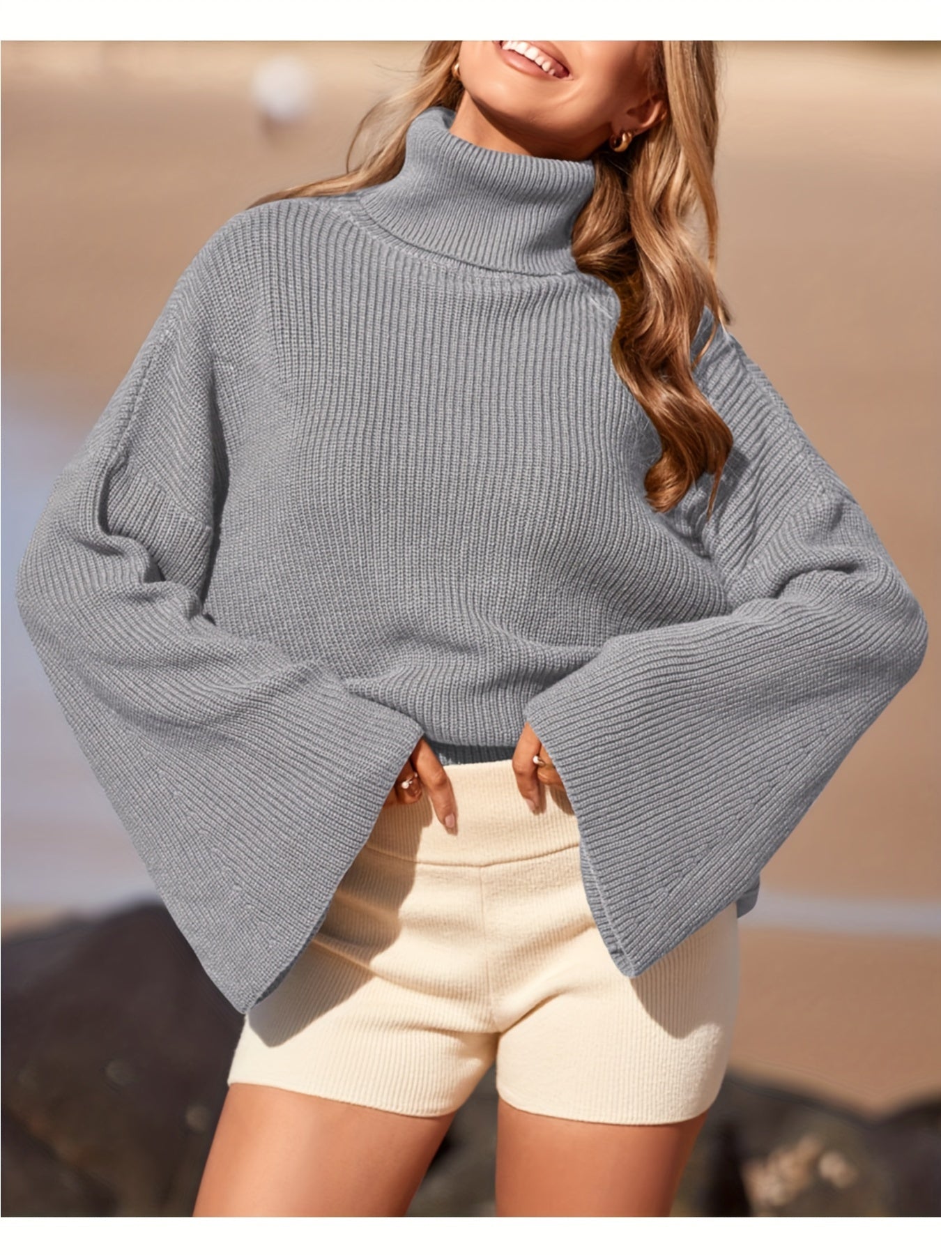 Solid Color Turtle Neck Pullover Sweater, Elegant Flared Long Sleeve Ribbed Knitted Sweater For Fall & Winter, Women's Clothing MyFave Boutique