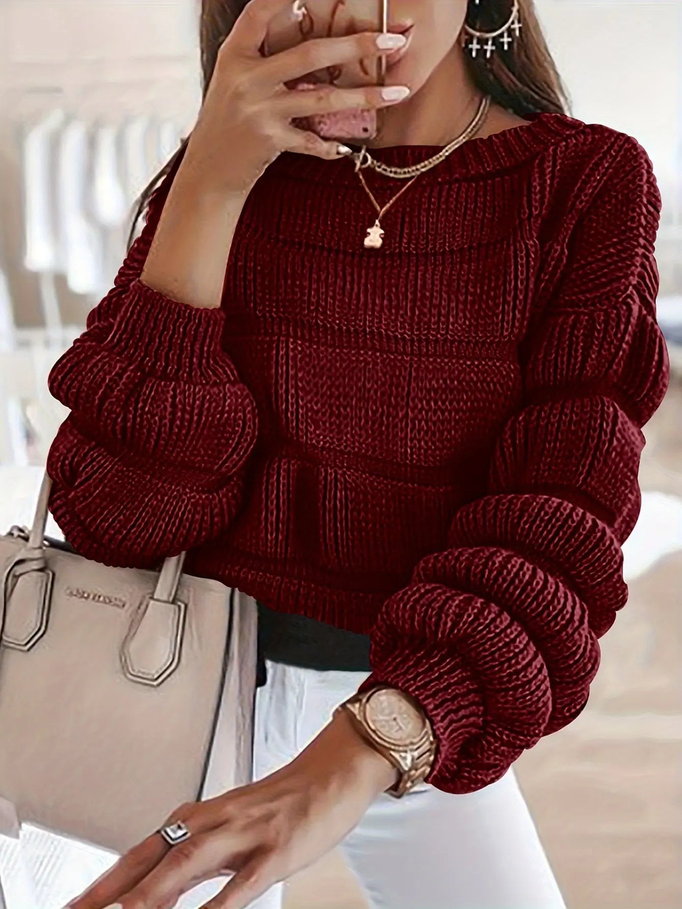 Women's 2024 Fall Sweaters Casual Crew Neck Pullover Long Puff Sleeve Loose Plain Chunky Knit Cute Blouse Tops MyFave Boutique