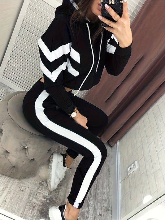 Colorblock Drawstring Hooded Two-piece Set, Casual Long Sleeve Hoodie & Pants Outfits, Women's Clothing MyFave Boutique