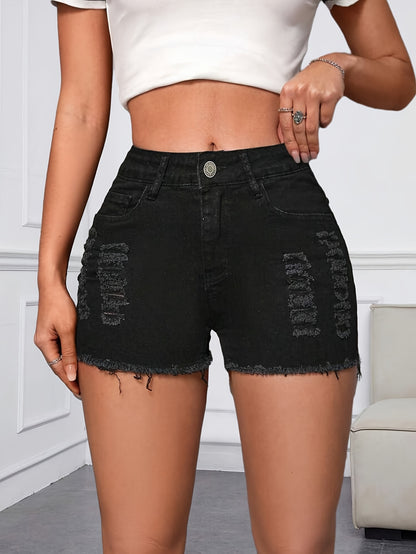 Women's Plain Black Color High-waist Ripped Fringe Denim Shorts, Preppy Style, Slim Fit Jean Shorts, Casual Summer Fashion MyFave Boutique