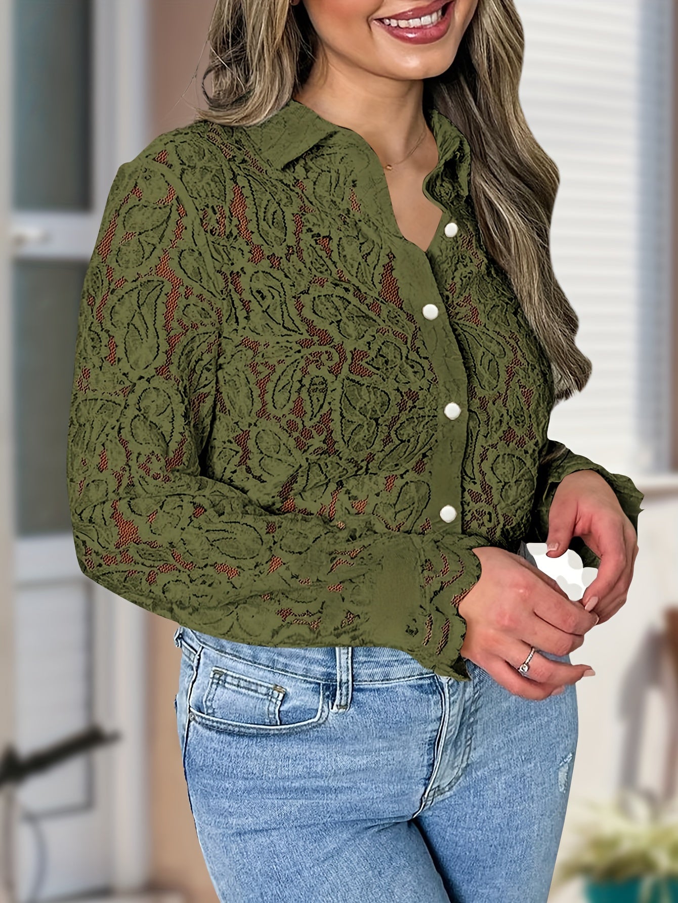 Floral Lace Button Up Semi-sheer Shirt, Elegant Long Sleeve Collared Shirt For Spring & Summer, Women's Clothing MyFave Boutique