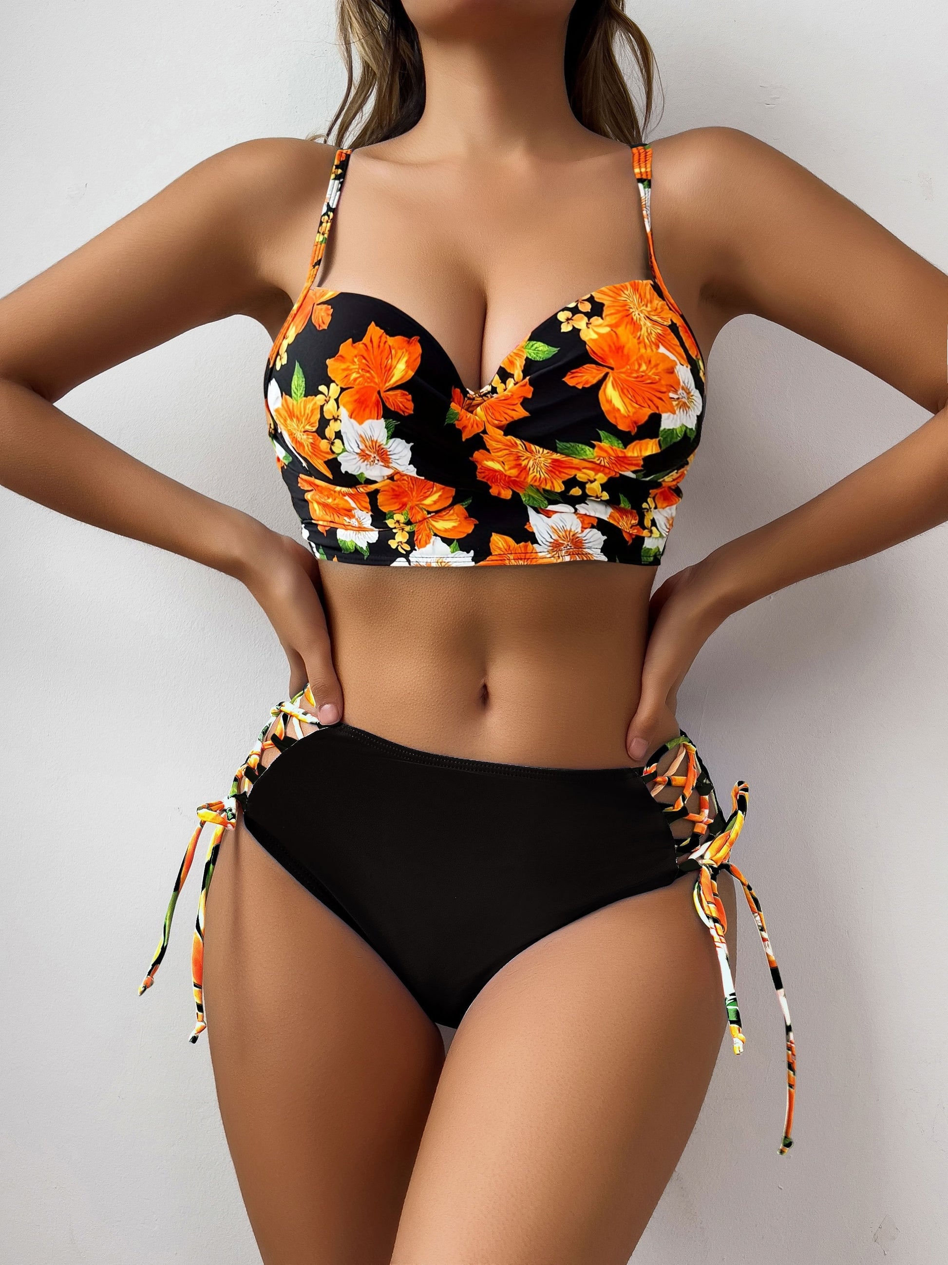 2 piece Women's Floral Print Lace Up Bikini Set - High Waisted, Underwire, Tie Side Swimsuit MyFave Boutique