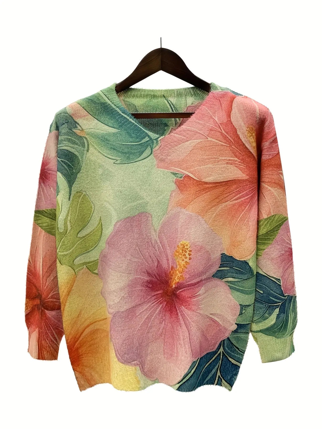 Elegant Floral V-Neck Sweater for Women - Cozy Long Sleeve Knit, Perfect for Fall & Winter MyFave Boutique