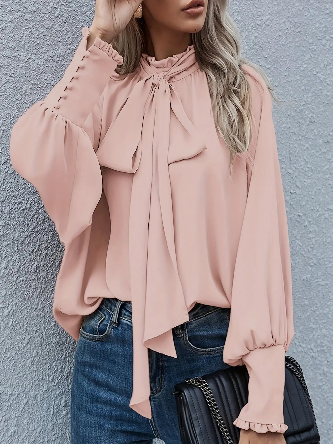 Solid Color Lantern Sleeve Blouse, Loose Fit Tie Back Top for Women, Daily Wear MyFave Boutique