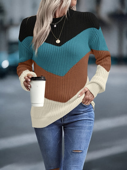 Women's Color Block Long Sleeve Crew Neck Sweater for Fall & Winter MyFave Boutique