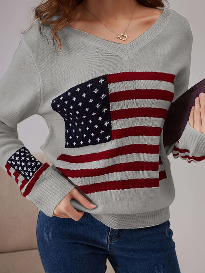 American Flag Print V Neck Sweater, Casual Long Sleeve Sweater For Spring & Fall, Women's Clothing MyFave Boutique