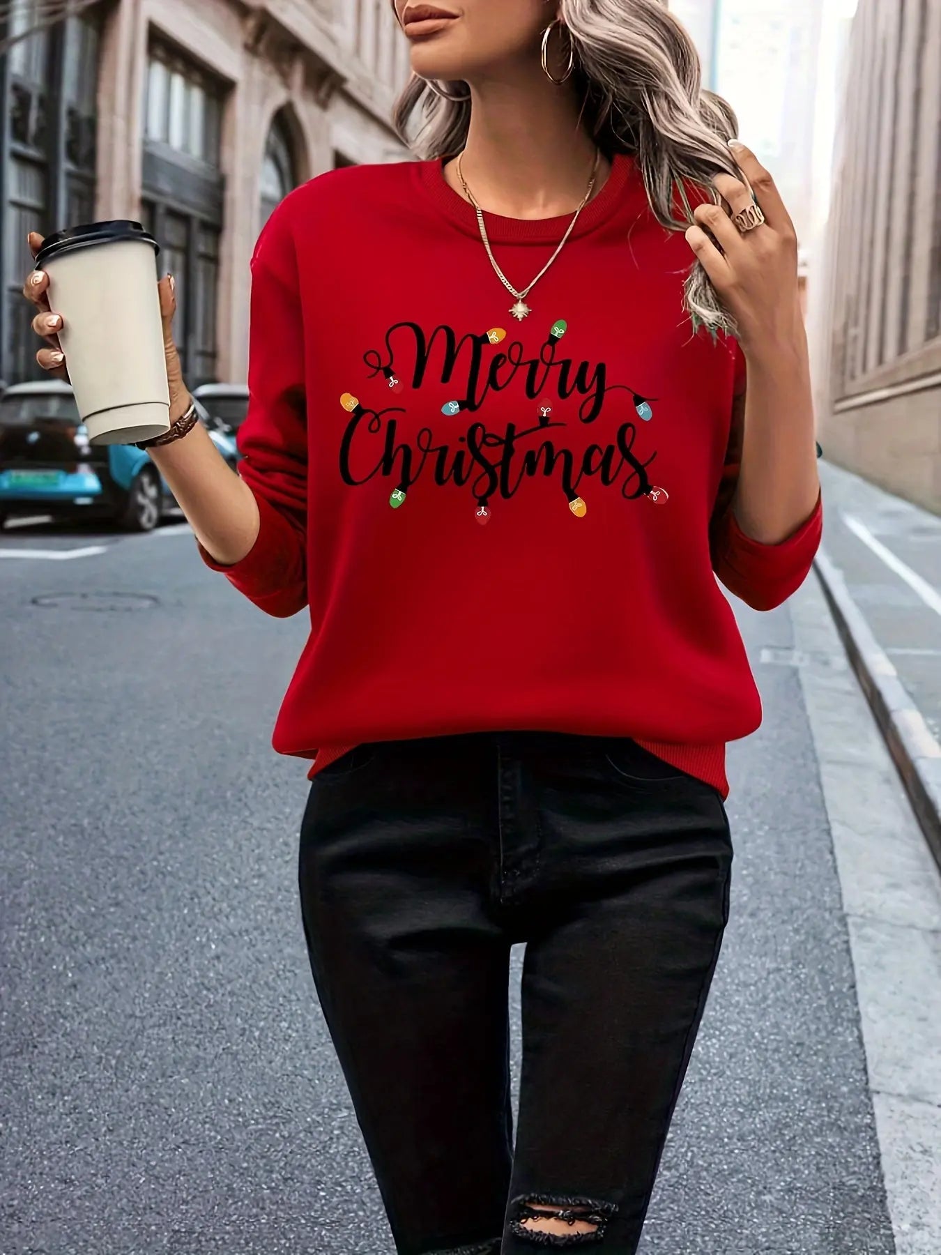 Merry Christmas Print Pullover Sweatshirt, Casual Long Sleeve Crew Neck Sweatshirt For Fall & Winter, Women's Clothing MyFave Boutique