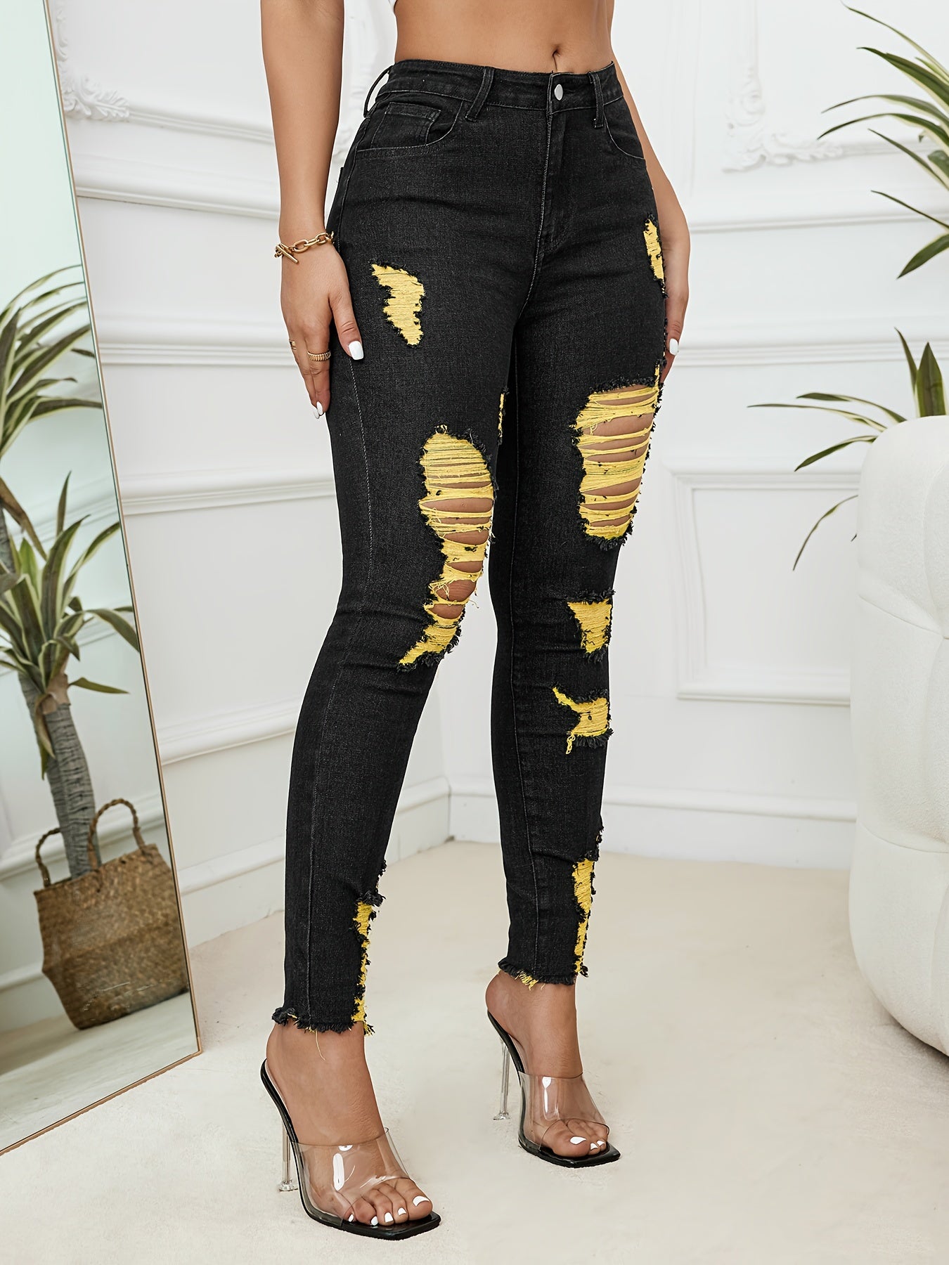 Stylish Women's Mid-Waist Distressed Jeans - Stretchy Denim, Casual Ripped Long Pants with Frayed Hem, Washed Effect, Black with Yellow Accent, Comfortable Fit, Versatile Style, Everyday Wear MyFave Boutique