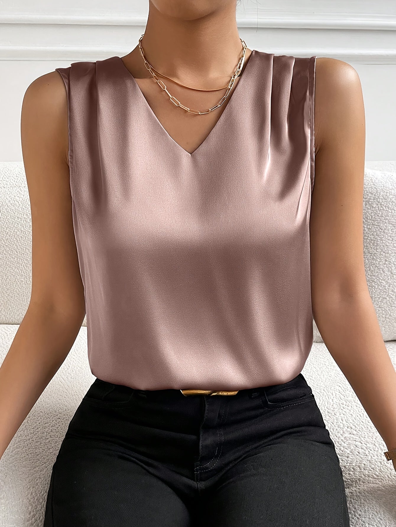 Sleeveless Tops for Women, Tank Top for Women, Tank Tops for Women 2024 Silk Satin Solid V Neck Sleeveless Casual Blouse MyFave Boutique