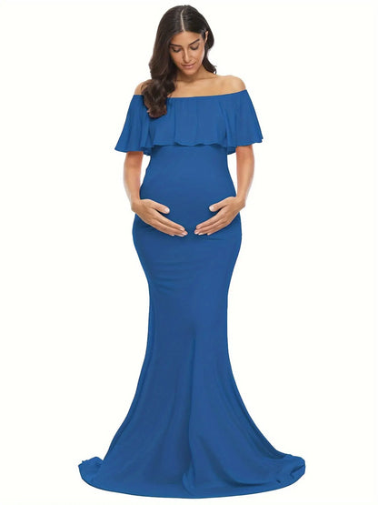 Womens Off Shoulder Maternity Dress Ruffles Elegant Slim Gowns Fit Maxi Photography Dress MyFave Boutique