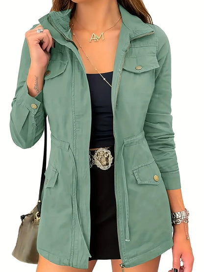 Women's Lightweight Military Jacket with Zip-Up, Drawstring, and Pockets MyFave Boutique