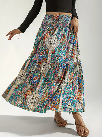 Paisley Print Shirred Waist Skirt – Women's Boho Vacation Style, Spring & Summer Ankle Length Loose Layered Skirt MyFave Boutique