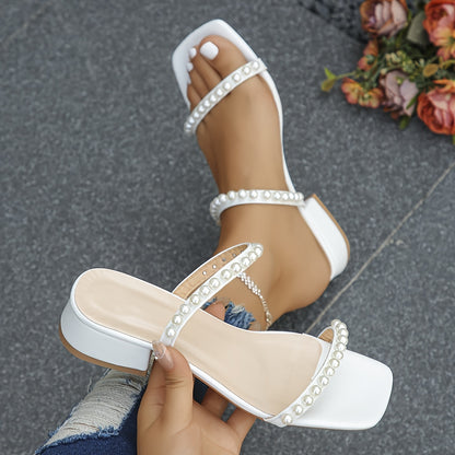 Women's Solid Color Elegant Sandals, Slip On Faux Pearl Decor Vacation Chunky Heels, Summer Dressy Shoes MyFave Boutique