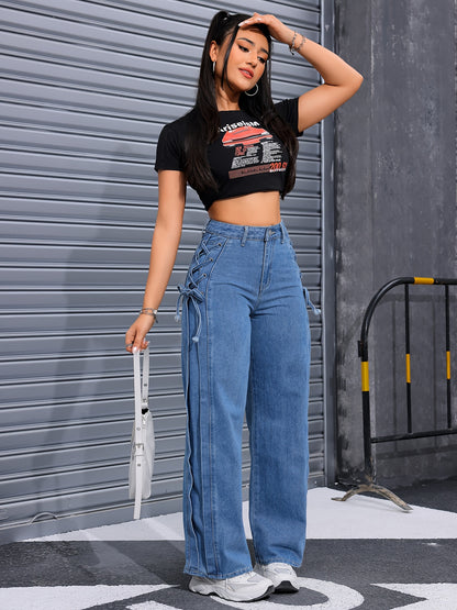 High-Waisted Wide Leg Denim Pants - Lace-Up Closure, Non-Stretch Fabric, Solid Color, Street Style, Customized Fit, All-Season Wear, Comfortable and Chic MyFave Boutique