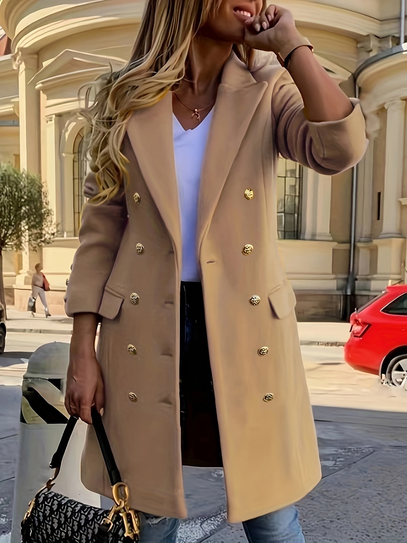 Women's Elegant Double-Breasted Notched Collar Coat for Fall & Winter - Stylish Long Sleeve Outerwear for Warmth and Fashionable Look MyFave Boutique