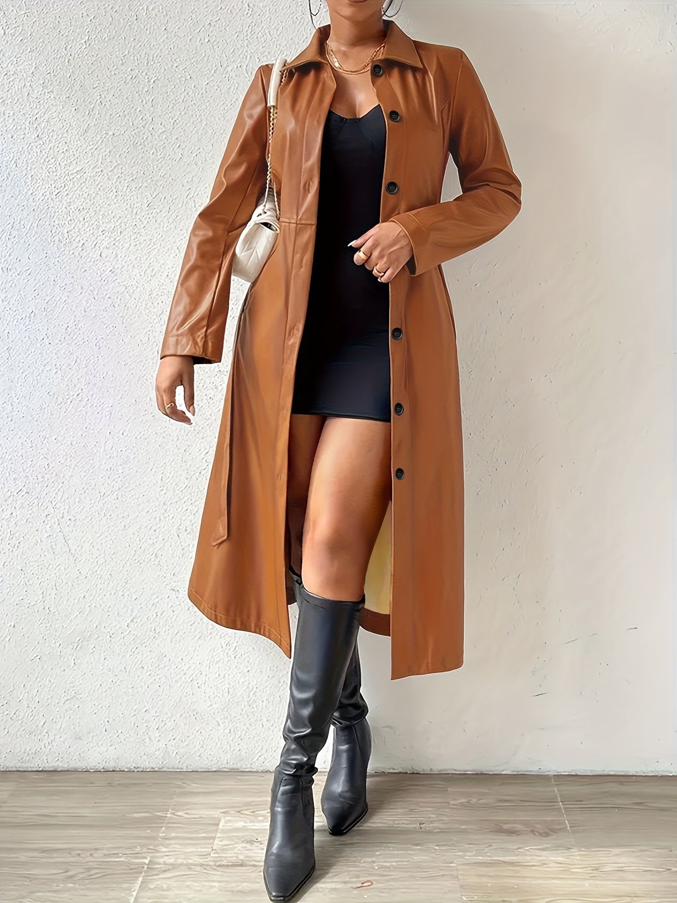 Belted Double Breasted Trench Coat, Elegant Faux Leather Pockets Long Sleeve Collar Coat, Women's Clothing MyFave Boutique