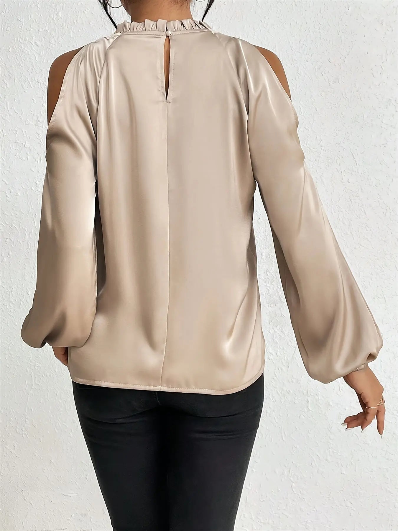 Cold Shoulder Mock Neck Blouse, Casual Lantern Sleeve Blouse For Spring & Fall, Women's Clothing MyFave Boutique