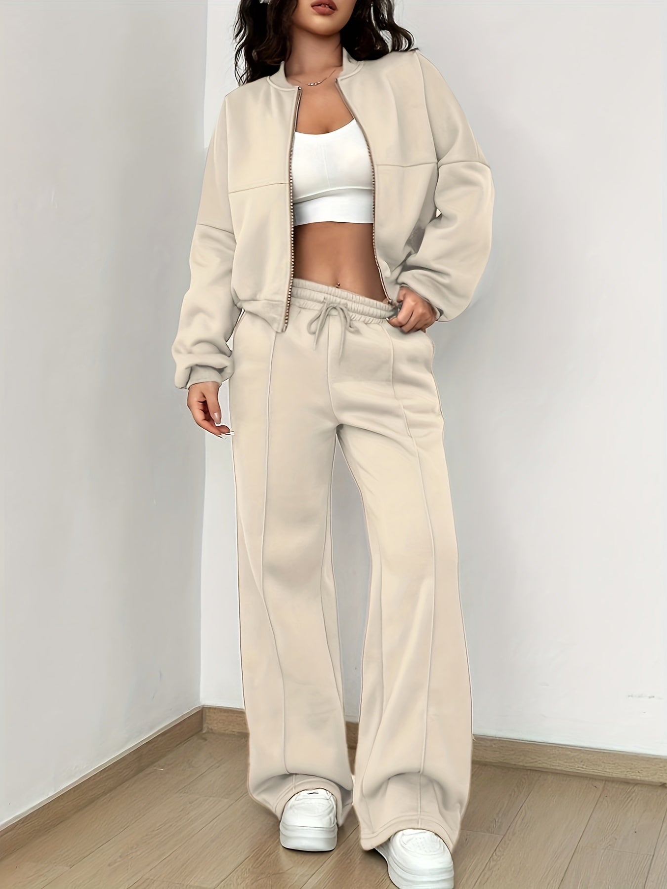 2 Pcs Jacket & Sweatpants Set, Long Sleeve Zip-up Drop Shoulder Jacket & Drawstring Straight Leg Sweatpants, Women's Clothing MyFave Boutique