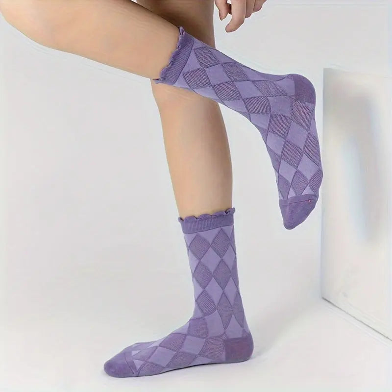 Lady's Vintage Embossed Purple Floral Pattern Socks with Bow Details - 5 Pairs of Mid-Calf Socks MyFave Boutique