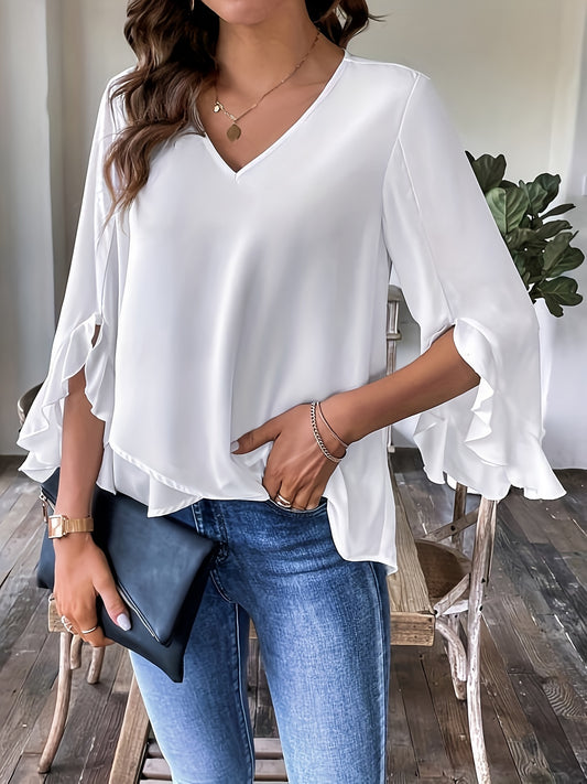 V Neck Bell Sleeve Blouse, Elegant Ruffle Trim Asymmetrical Blouse For Daily Wear, Women's Clothing MyFave Boutique