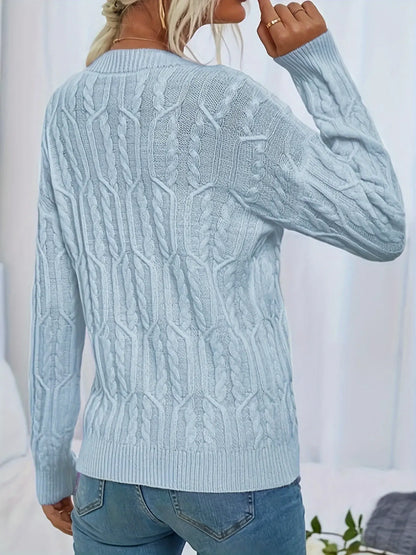 Crew Neck Solid Knitted Sweater, Casual Long Sleeve Sweater, Women's Clothing MyFave Boutique