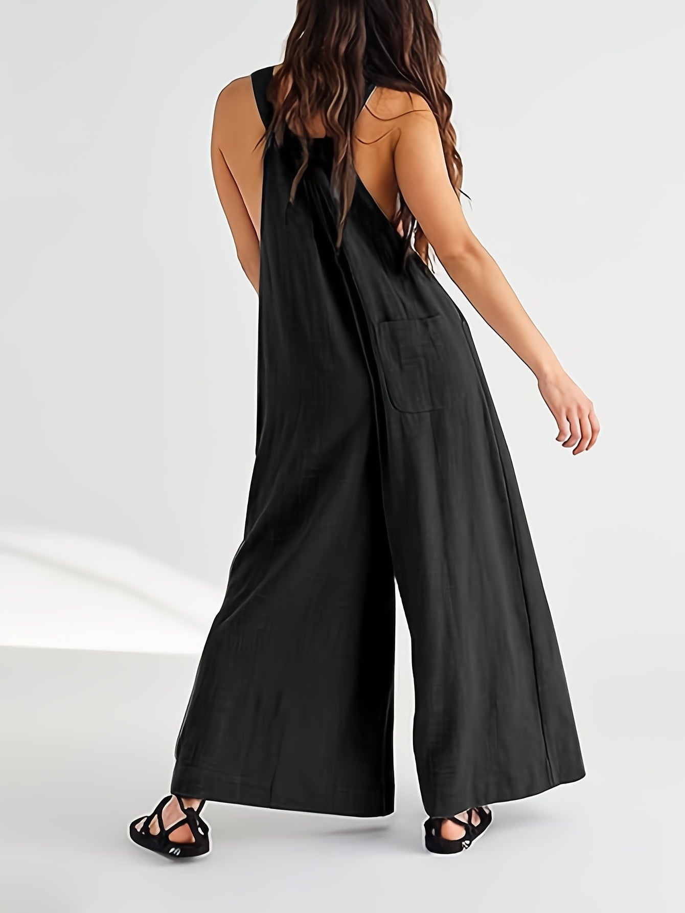 Solid Color Wide Leg Overall Jumpsuit, Casual Sleeveless Loose Overall Jumpsuit With Pocket, Women's Clothing MyFave Boutique