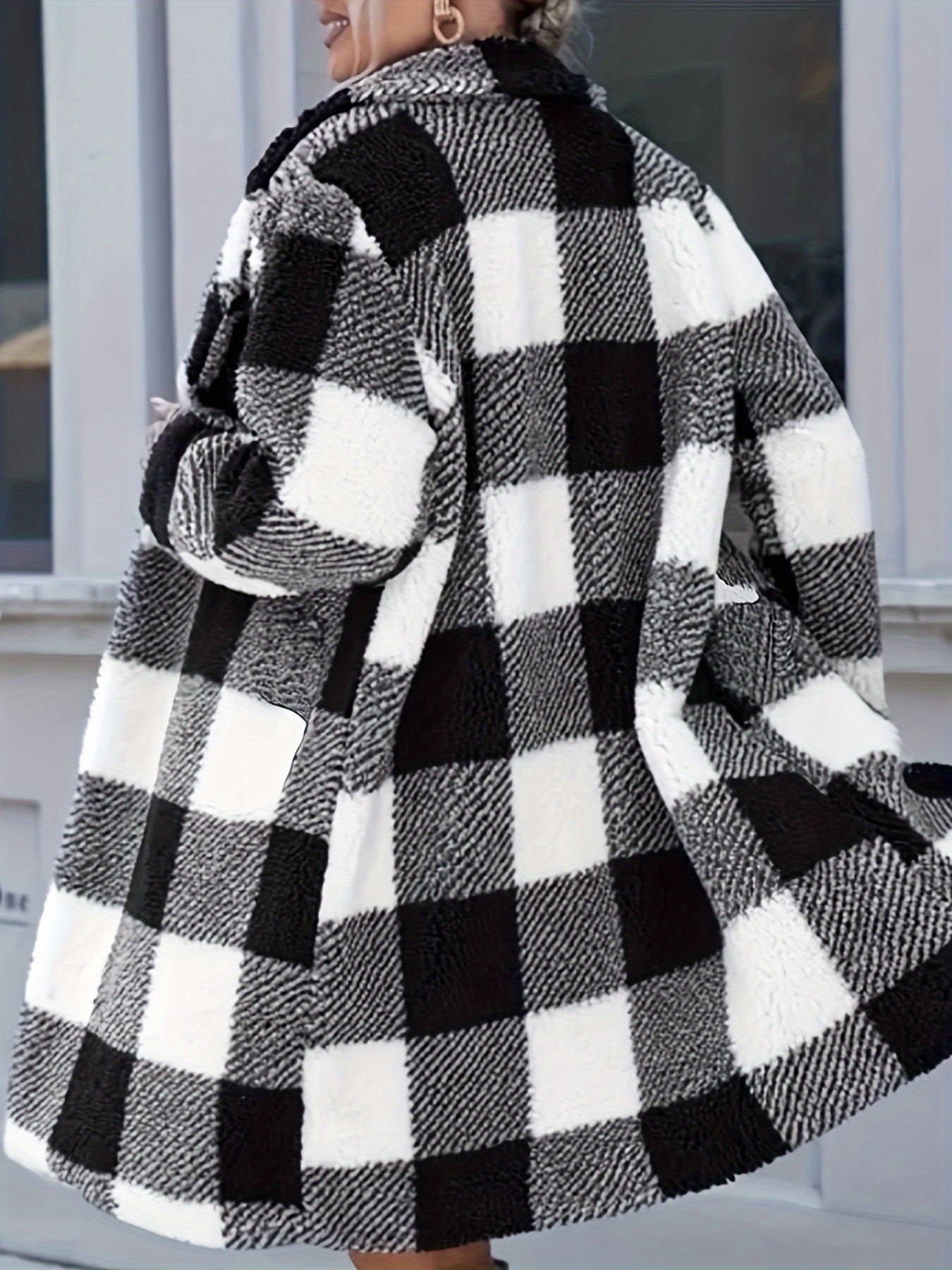 Plaid Pattern Open Front Teddy Coat, Elegant Thermal Long Sleeve Lapel Coat For Fall & Winter, Women's Clothing MyFave Boutique