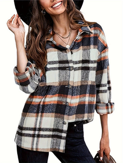 Women's Fall Color Block Plaid Flannel Shacket Jacket Button Down Shirt Coat Tops MyFave Boutique