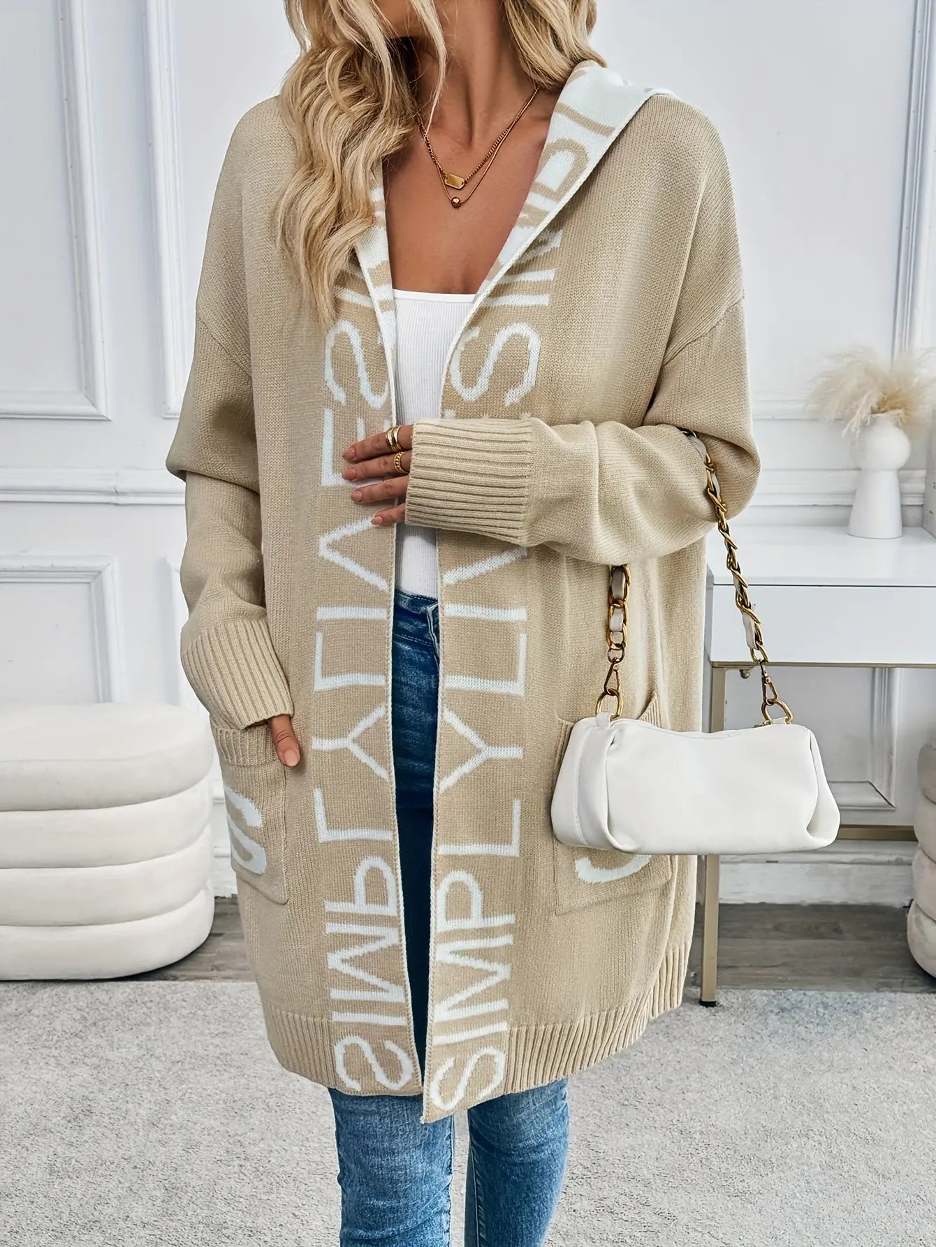 Elegant Letter Pattern Hooded Knit Cardigan with Dual Pockets - Long Sleeve, Mid-Length, Acrylic - Perfect for Fall/Winter MyFave Boutique