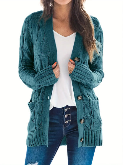 Stylish Cable Knit Button Front Cardigan with V Neck and Pockets for Women's Fall & Winter Wardrobe MyFave Boutique