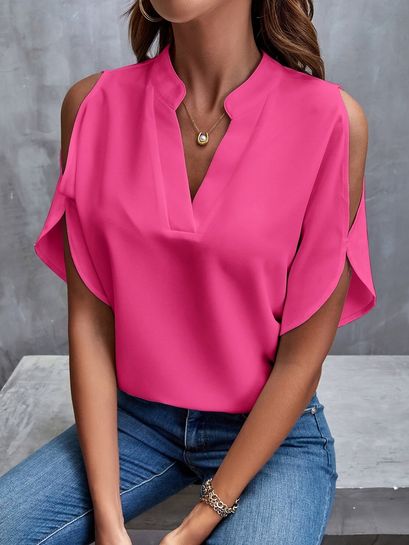 Women's Casual V-Neck Blouse with Cut-Out Shoulder Detail, Dressy Summer Top for Business or Casual Wear MyFave Boutique