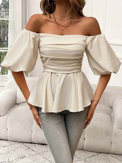 Stylish Women's Off-Shoulder Blouse with Ruffle Hem and Puff Sleeves MyFave Boutique